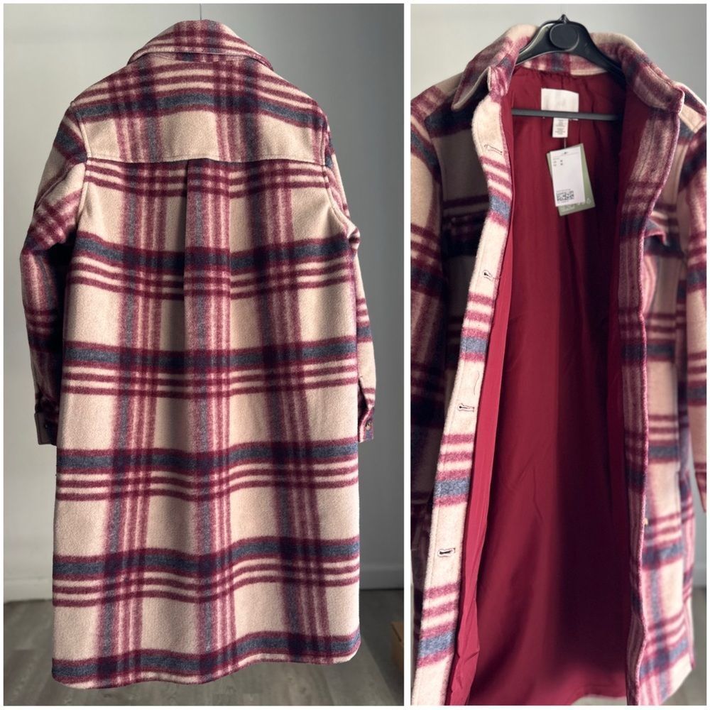 H&M Plaid Long Shacket Coat Lined Button Front Pink Burgundy Check - Picture 2 of 3
